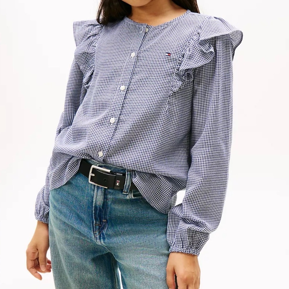 Girls Tommy Hilfiger Navy Gingham Ruffle Blouse